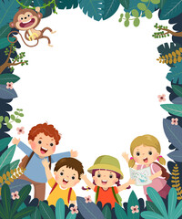 Template for advertising brochure with cartoon of happy children camping or traveling in the forest. - 433200366