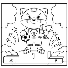 Coloring Page Outline Of cartoon cat with soccer cup. Champion or winner of football game. Coloring Book for kids.
