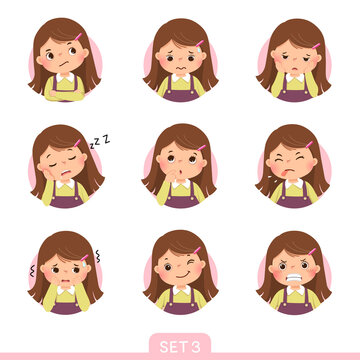 Vector cartoon set of a little girl in different postures with various emotions. Set 3 of 3.