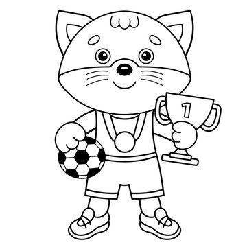 Coloring Page Outline Of cartoon cat with cup and soccer ball. Champion or winner of football game. Coloring Book for kids.
