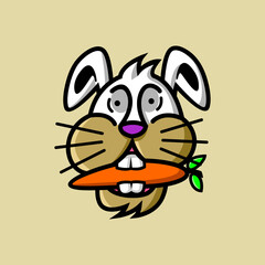 Rabbit head mascot logo eating carrots.