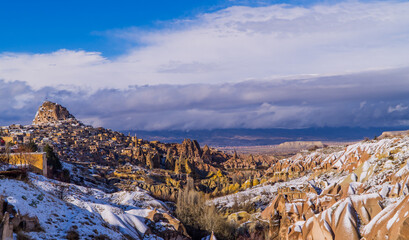 Amazing panoramic view of the Pigeon Valley in Cappadocia, Turkey with typical fairy chimneys and pigeon houses