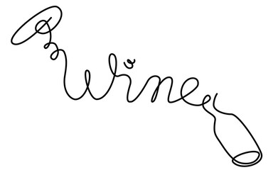 Single outline drawing word wine with bottle and corkscrew doodle