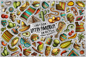 Vector doodle cartoon set of Latin American theme objects and symbols