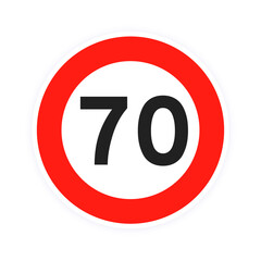 Speed limit 70 round road traffic icon sign flat style design vector illustration isolated on white background. Circle standard road sign with number 70 kmh. - obrazy, fototapety, plakaty
