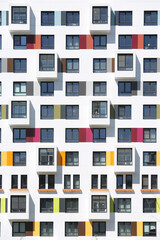 New building facade in housing complex "Green Park. PIK", Moscow city, Russia. Modern style in architecture. Contemporary house in dormitory area. Urban landmark, home. Colorful facade of building