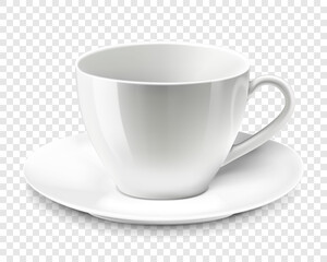 Realistic blank empty cup for coffee tea. 3d illustration of a high detail of a white mug on a saucer