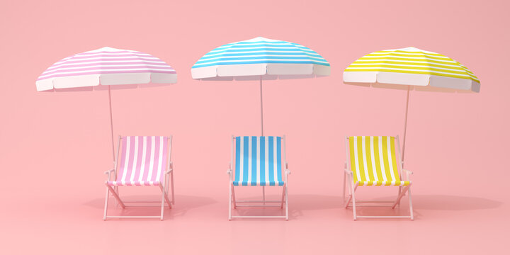 Minimal scene of beach chairs and umbrella on pink background, Various color, Summer concept, 3D rendering.