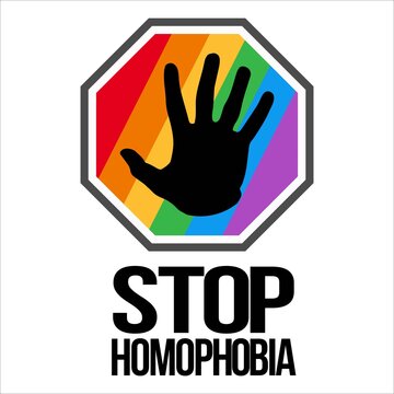 Stop Homophobia movement with LGBT flag and hand shape vector illustration and text effect, Stop Homophobia, black text effect, LGBT flag, Gay and lesbian, hand shape, rainbow.