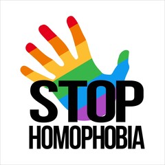 Stop Homophobia black text effect in with LGBT flag inside hand shape vector illustration, Stop Homophobia, black text effect, LGBT flag, Gay and lesbian, rainbow.