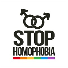 Stop Homophobia black text effect with LGBT flag and gay sign vector illustration, Stop Homophobia, black text effect, Gay and lesbian, Gay sign.