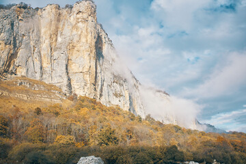 landscape autumn high mountains on blue sky dry grass fresh air