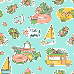 Summer seamless pattern with beach elements such as palm tree, watermelon slice, bag, ice cream, flamingo, swimming circle, sailboat. Fashion colorful print design, vector illustration. Vector