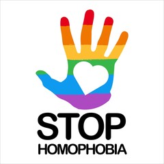 Stop Homophobia digital black text effect with LGBT flag inside hand shape and love shape vector illustration, Stop Homophobia, black text effect, Gay and lesbian, brush stroke, hand shape, love shape