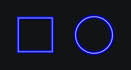 Vector neon blue square and circle blank frame isolated on black background, geometrical shape with shadow, realistic illustration.