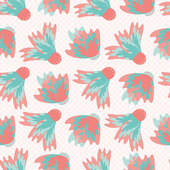 Wild meadowflower blossom seamless vecor pattern background. Abstract pink blue feathered painterly floral mix backdrop. Hand drawn petals modern botanical design. Repeat for wellness or baby