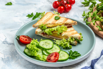 Hot panini with salad. Food recipe background. Close up