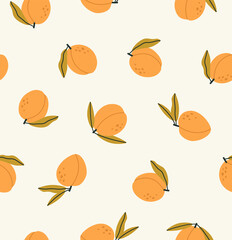Seamless pattern of peach, isolated on beige background. Hand-drawn fruits in flat style. Concept of healthy eating, gardening, summertime. Suitable for web and print design.