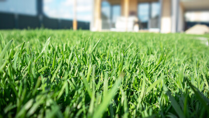 Close up of green lawn on a sunny day. Blue sky on the background. Selective focus