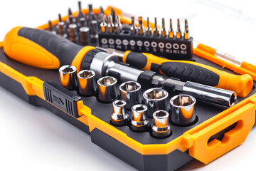 Interchangeable screwdriver set with different types of metal steel heads and bits. Isolated on...