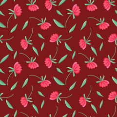 Vector spring pattern with flowers and leaves on a burgundy background, for textile design. In pastel colors.
