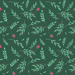 Floral seamless pattern on a dark green background. Flowers and leaves. Vector textile design. Pastel colors.