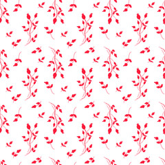 Vector seamless pattern with silhouettes berry and leaves of  rosehip isolated on white. Floral seamless background.