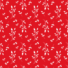 Vector seamless pattern with silhouettes berry and leaves of wild rose (rosehip) on a red background.
