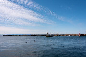 Harbor under blue sky in Hel, Pomerania, Poland. Selective focus. 