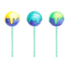 Watercolor glazed cake pops isolated on white background.