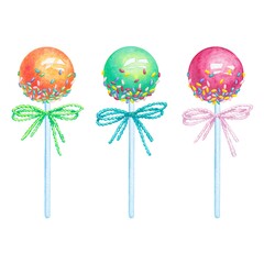 Watercolor glazed cake pops with sprinkle isolated on white background.