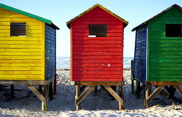 Bright beach changing rooms at Muizenberg, Cape Town