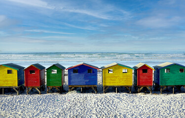 Bright beach changing rooms at Muizenberg, Cape Town