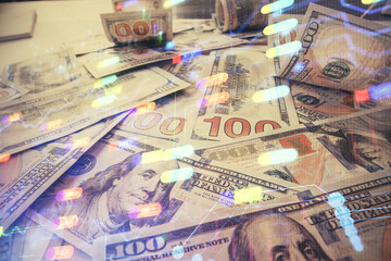 Double exposure of data theme drawing over us dollars bill background. Technology concept.