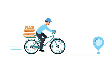 Banner fast delivery pizza. Courier rides a Bicycle and delivers pizza. Delivery of order.