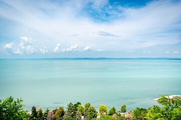 View of Lake Balaton from Balationvilagos lookout on a sunny summer day, Hungary, Europe