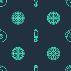 Set line Shock absorber, Alloy wheel and Car brake disk with caliper on seamless pattern. Vector