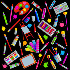 objects for the artist lie in different directions on a black background