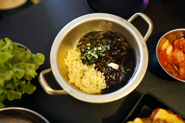 Noodle with black soybean sauce, Korean call jajangmyeon, Popular street food in korea.