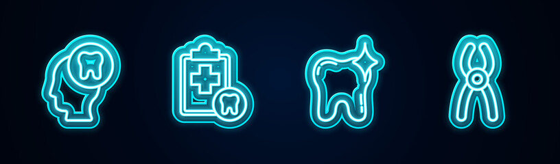 Set line Human head with tooth, Dental card, Tooth whitening and pliers. Glowing neon icon. Vector