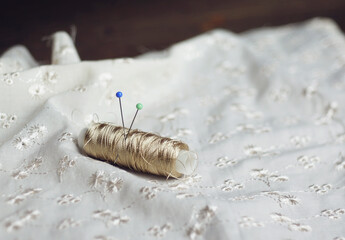 Light embroidered fabric and a spool of silk thread with pins