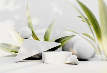 3D render podium, showcase on light white background with shadows in green tropical leaves of plants. Abstract natural,organic background for advertising products, spa body care, relaxation, health.