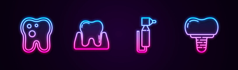 Set line Tooth with caries, , drill and Dental implant. Glowing neon icon. Vector