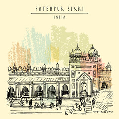 Vector Fatehpur Sikri postcard. Agra District of Uttar Pradesh, India. Shahi Darwaza of the Jama Masjid mosque. Heritage building travel sketch. Vintage hand drawn travel postcard