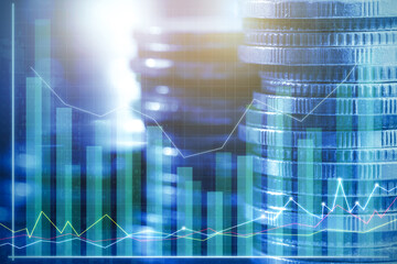 Financial investment concept, Double exposure of stack of coins and city for finance investor, Forex trading market candlestick chart, Cryptocurrency Digital economy. investing growing.economy trends