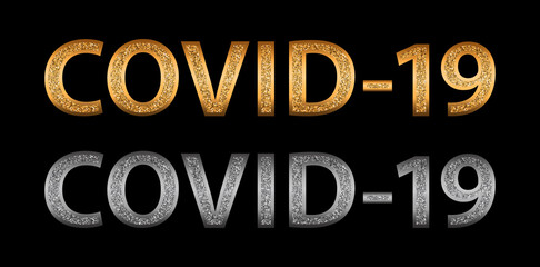 Yellow and grey glittering COVID-19 lettering isolated on black background