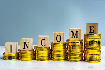 Income text on wood block with a pile of coins