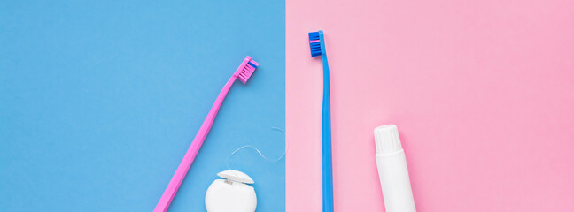 Teeth hygiene and oral care products flatlay