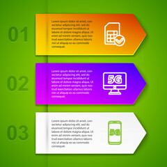 Set line Sim card, Monitor with 5G network, Mobile and Location. Business infographic template. Vector