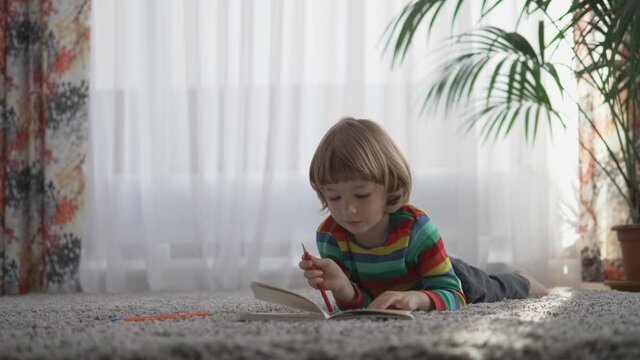 Cheerful child love to draw in a book at home